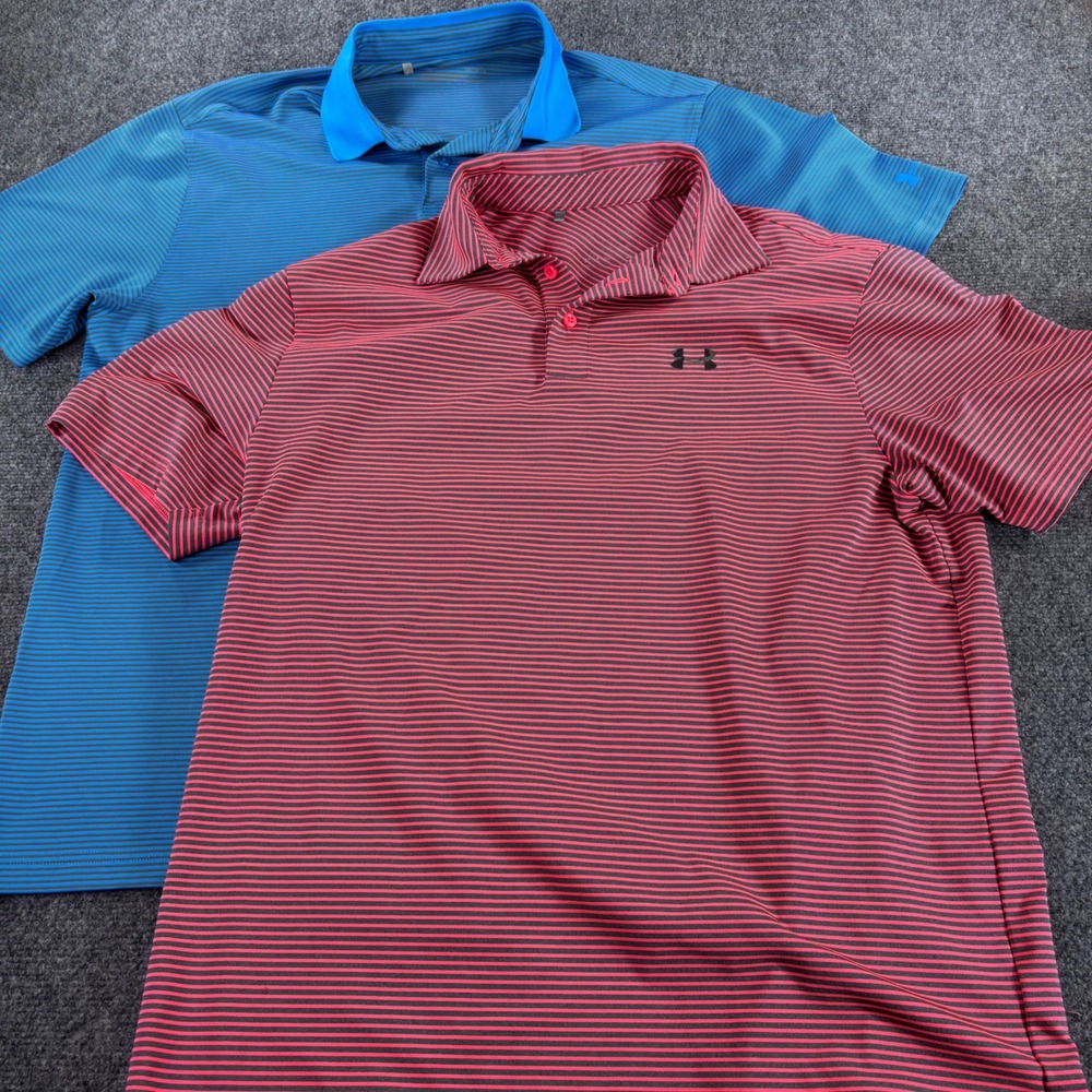 Under Armour Polo Lot Mens L Blue Pink Striped HeatGear Golf Performance Shirts